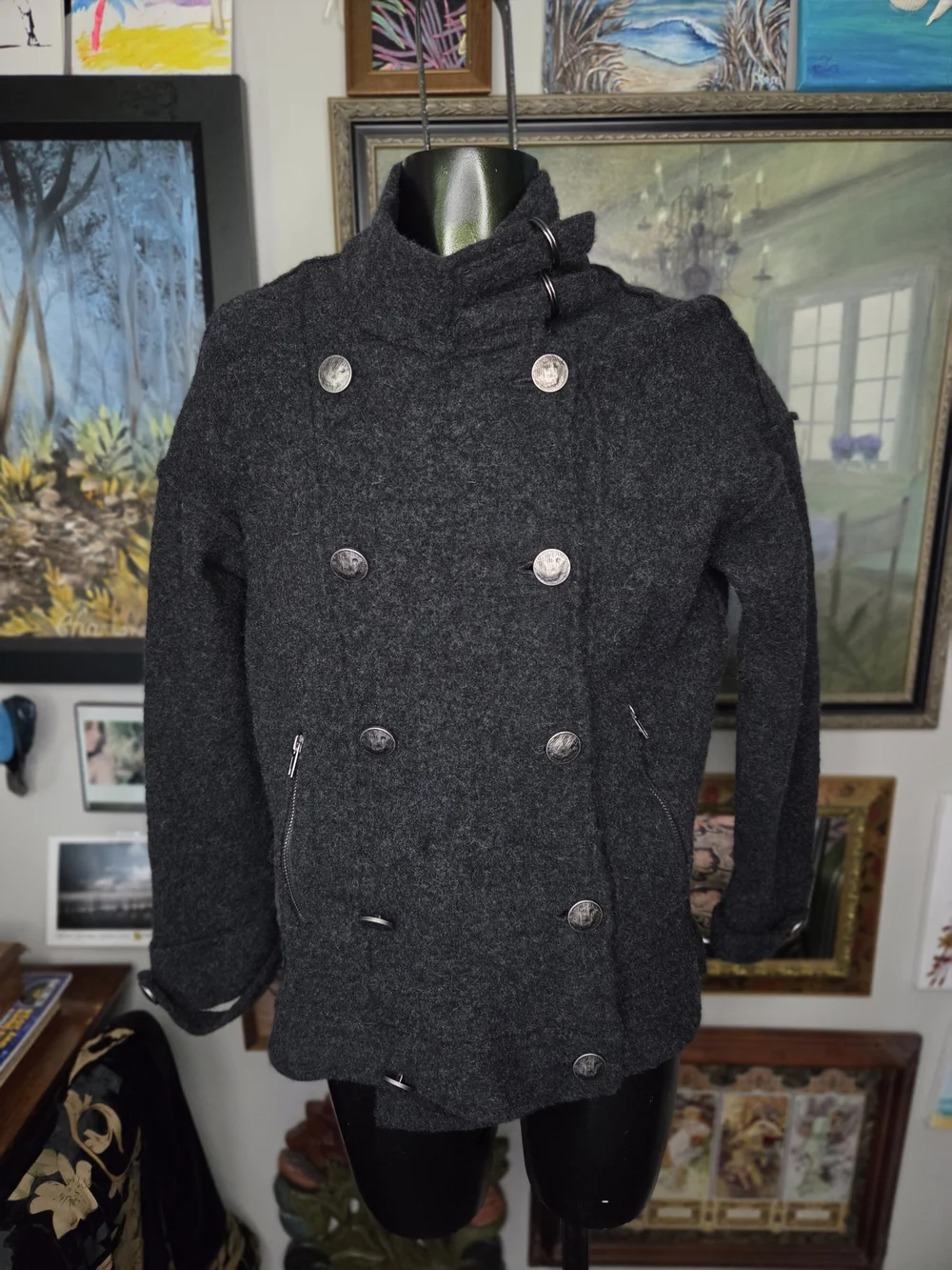 Free People Double-Breasted Charcoal 100% Wool Jacket Military Style Peacoat XS